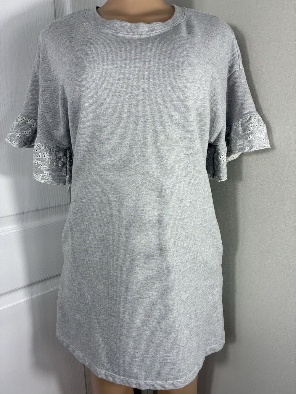 Solutions Women's Dress  Sz Small Ruffle Sleeve French Terry Pockets gray comfy